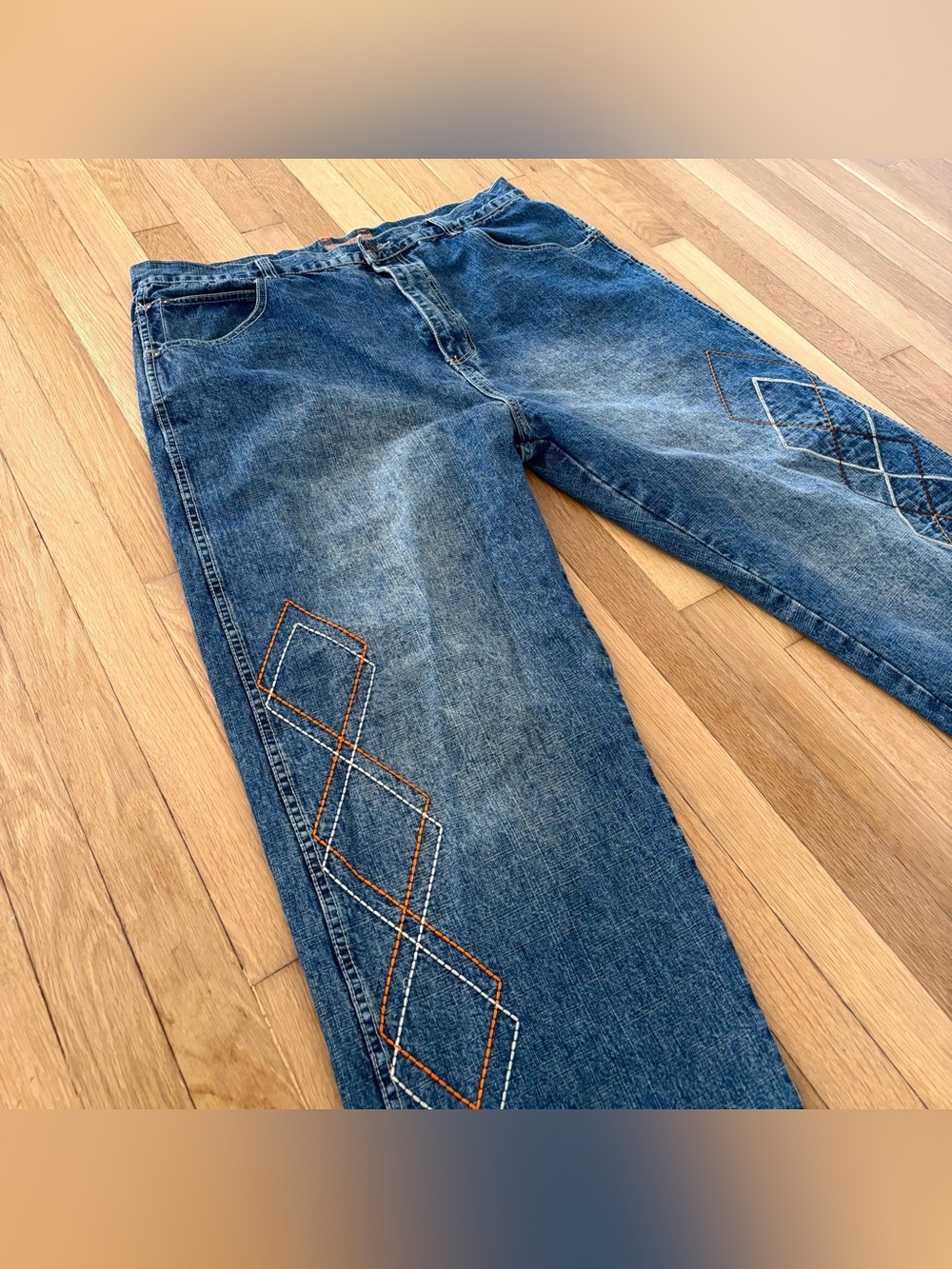 Vintage PJ Mark Baggy Denim Jeans 42x32 Mens Embroidered Wide Leg Skate Rave Y2K